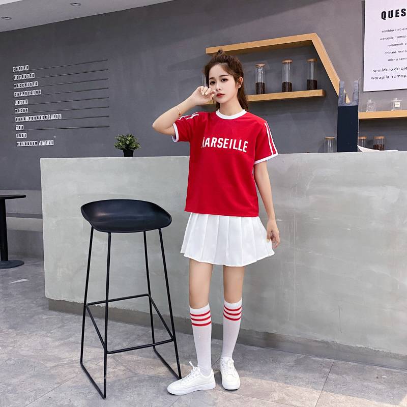 Red shirt + white dress